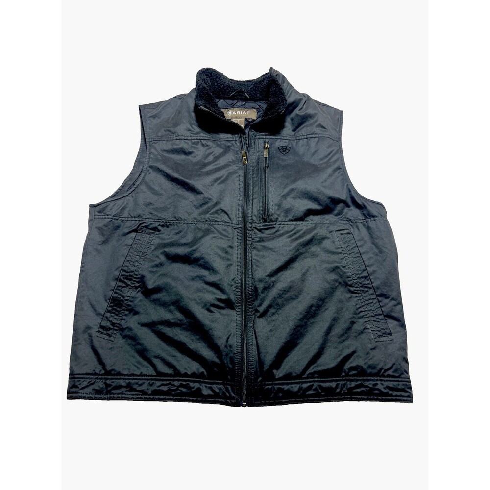 Ariat Grizzly Cub Black Canvas Sherpa Collar Quilted Lined Full Zip Vest Size XL